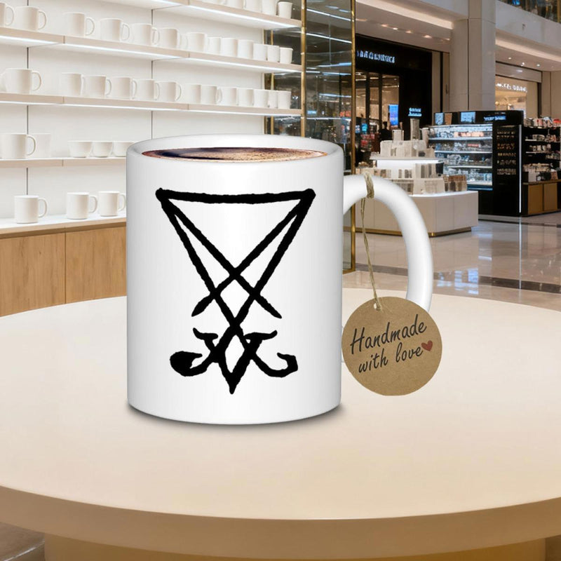 Tailorly White Ceramic 11 oz Mug - Dark Occult Geometric Sigil Of Lucifer Symbol Printed On