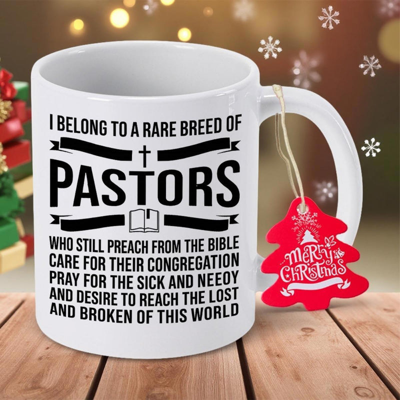 Tailorly White Ceramic 11 oz Mug - I Belong To A Rare Breed Of Pastors Elegant Religious Typography With Cross Icon And Open Bible Illustration Mug