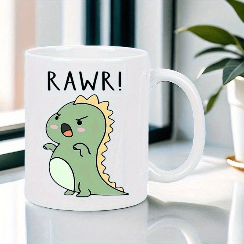 Tailorly White Ceramic 11 oz Mug - Rawr Cute Small Green Cartoon Dinosaur Standing And Yelling With Tiny Claws Dinosaur