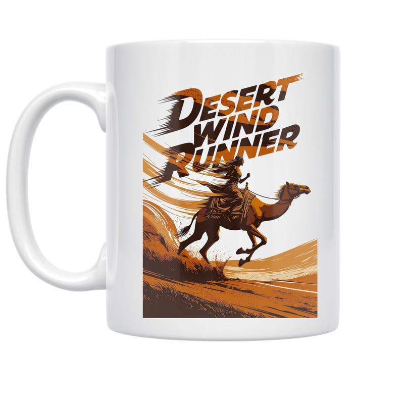 Tailorly White Ceramic 11 oz Mug - Desert Wind Runner Galloping Through Arid Dunes Amidst Swirling Dust And Golden Sand Camel