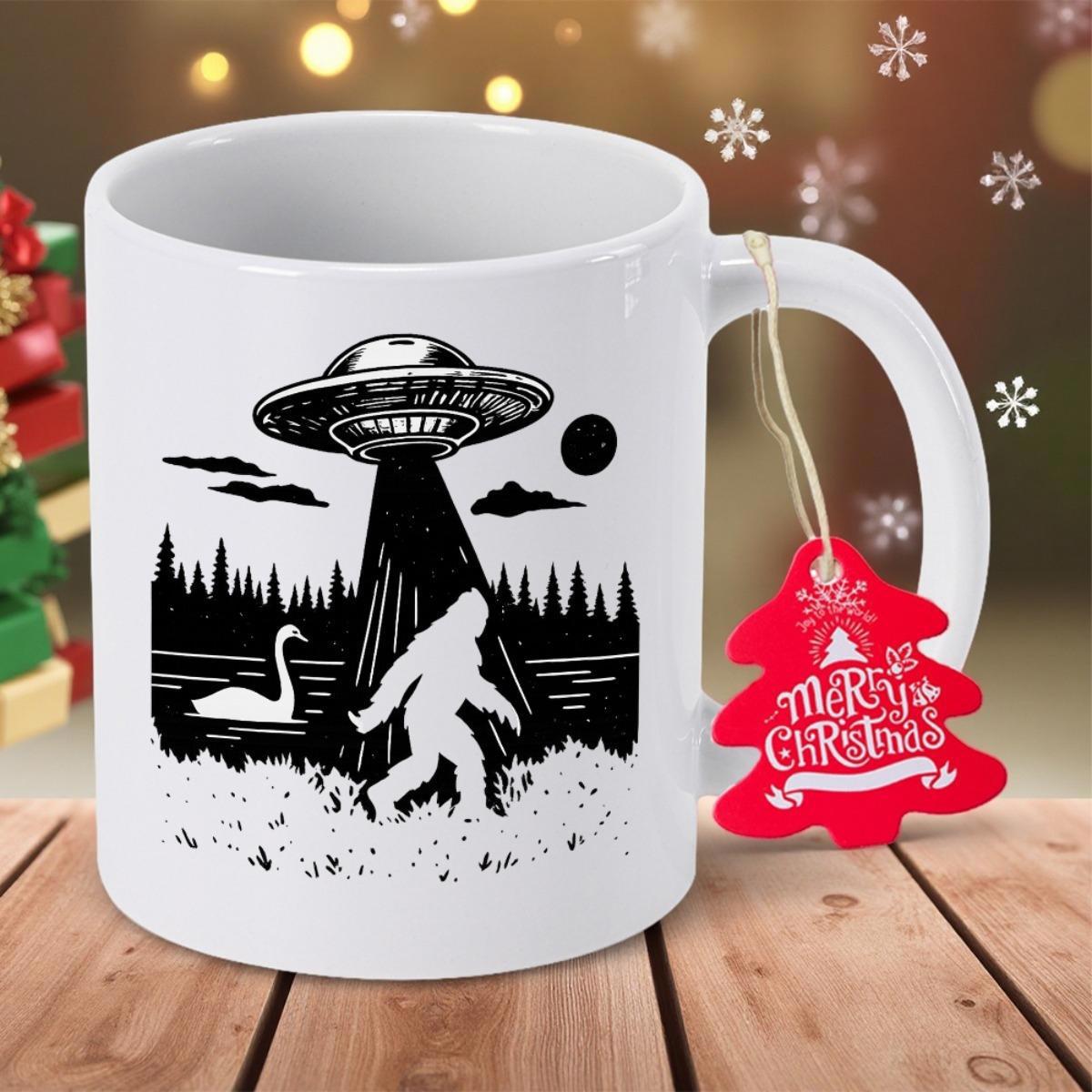 Tailorly White Ceramic 11 oz Mug - Mysterious Flying Saucer Beaming Up A Wandering Legend In Forest Sasquatch