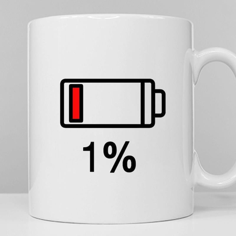 Tailorly White Ceramic 11 oz Mug - 1 Percent Minimalist Black Outlined Low Power Symbol With Single Red Bar Indicator Battery