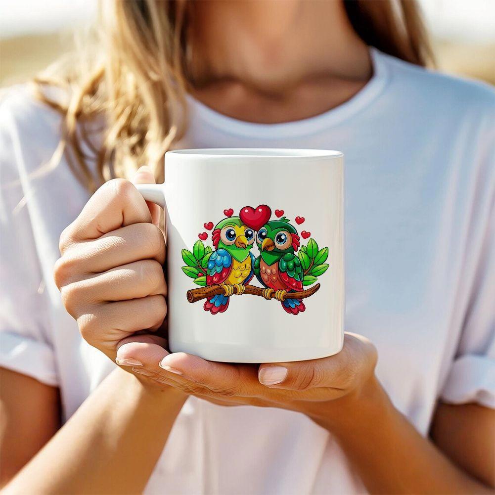 Tailorly White Ceramic 11 oz Mug - Vibrant Colorful Cartoon Birds Perched On Branch With Floating Red Hearts Parrot