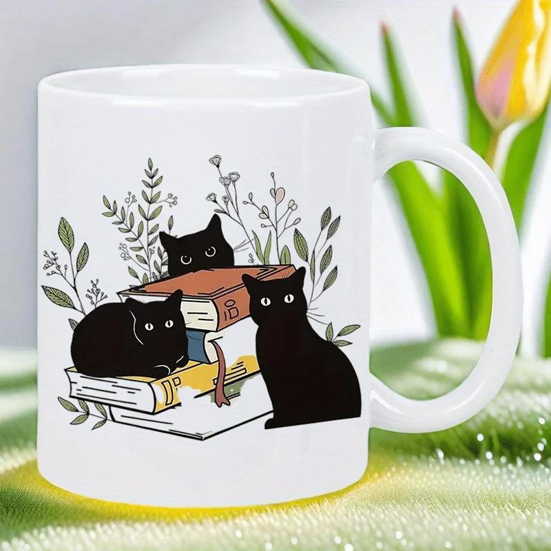 Tailorly White Ceramic 11 oz Mug - Charming Black Cats Nestled Among Vintage Books And Wild Botanical Leaves Cats