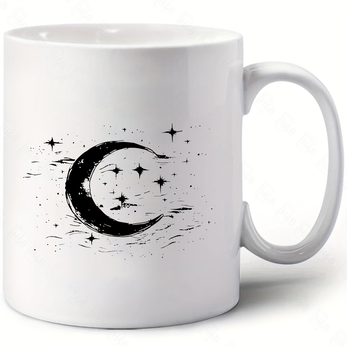 Tailorly White Ceramic 11 oz Mug - Mystical Vintage Celestial Scene With Twinkling Stars And Wispy Clouds Moon