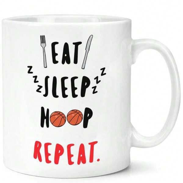 Tailorly White Ceramic 11 oz Mug - Eat Sleep Hoop Repeat Hand Drawn Lettering Featuring Orange Basketballs And Simple Minimalist Kitchen Icons Basketball
