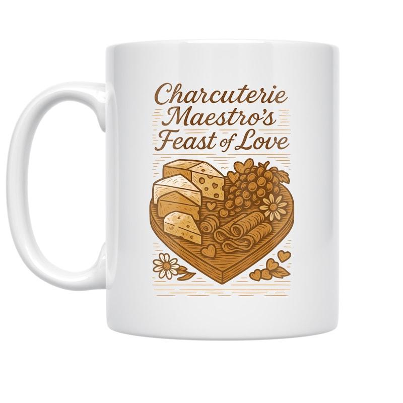 Tailorly White Ceramic 11 oz Mug - Charcuterie Maestros Feast Of Love Heart Shaped Wooden Board With Assorted Cheeses And Grapes Among Delicate Blossoms