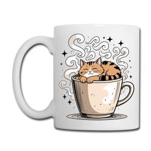 Tailorly White Ceramic 11 oz Mug - Cute Ginger Tabby Sleeping Inside Small Mug Among Steam And Stars Cat