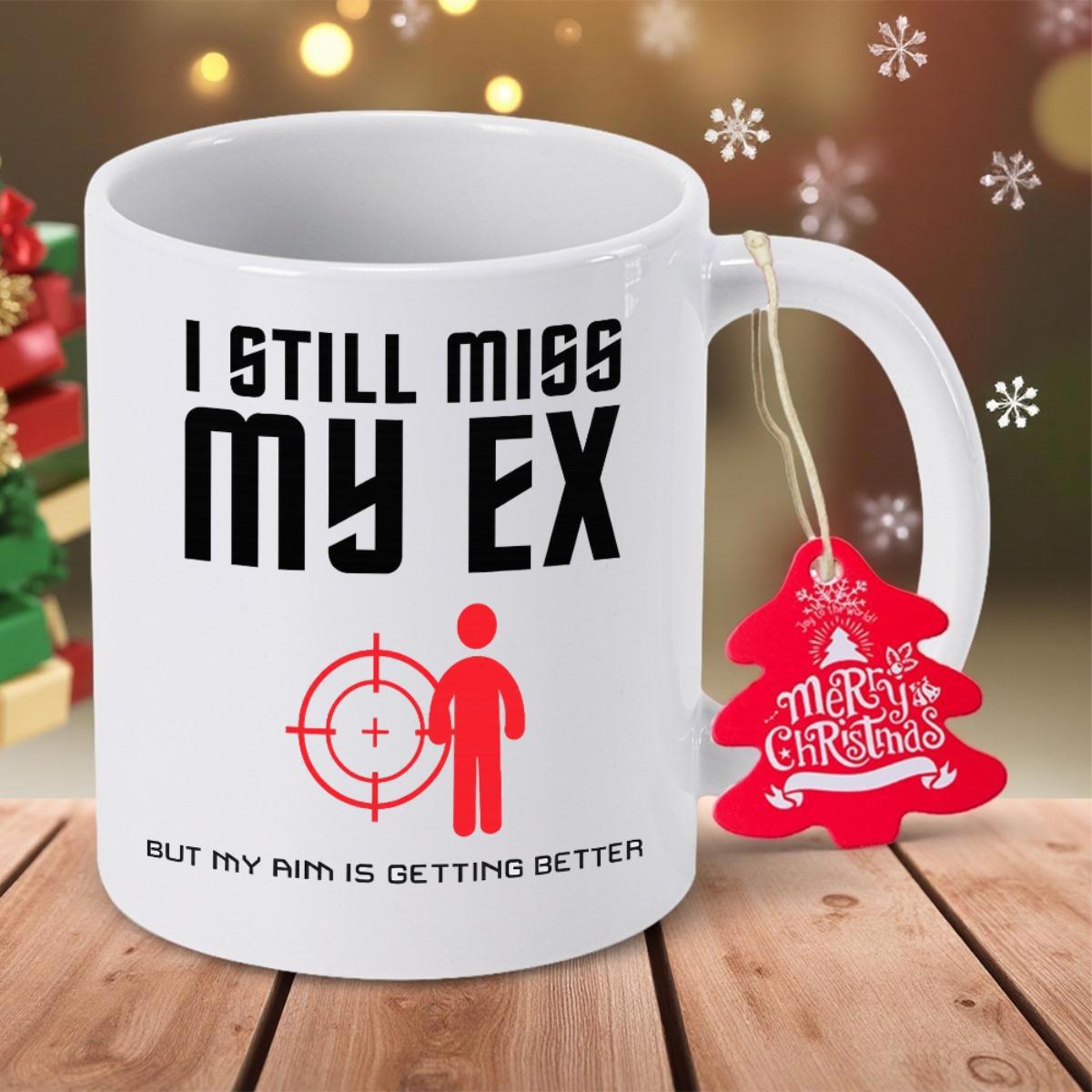 Tailorly White Ceramic 11 oz Mug - I Still Miss My Ex But My Aim Is Getting Better Minimalist Red Target Symbol Featuring Small Person Silhouette Design Mug