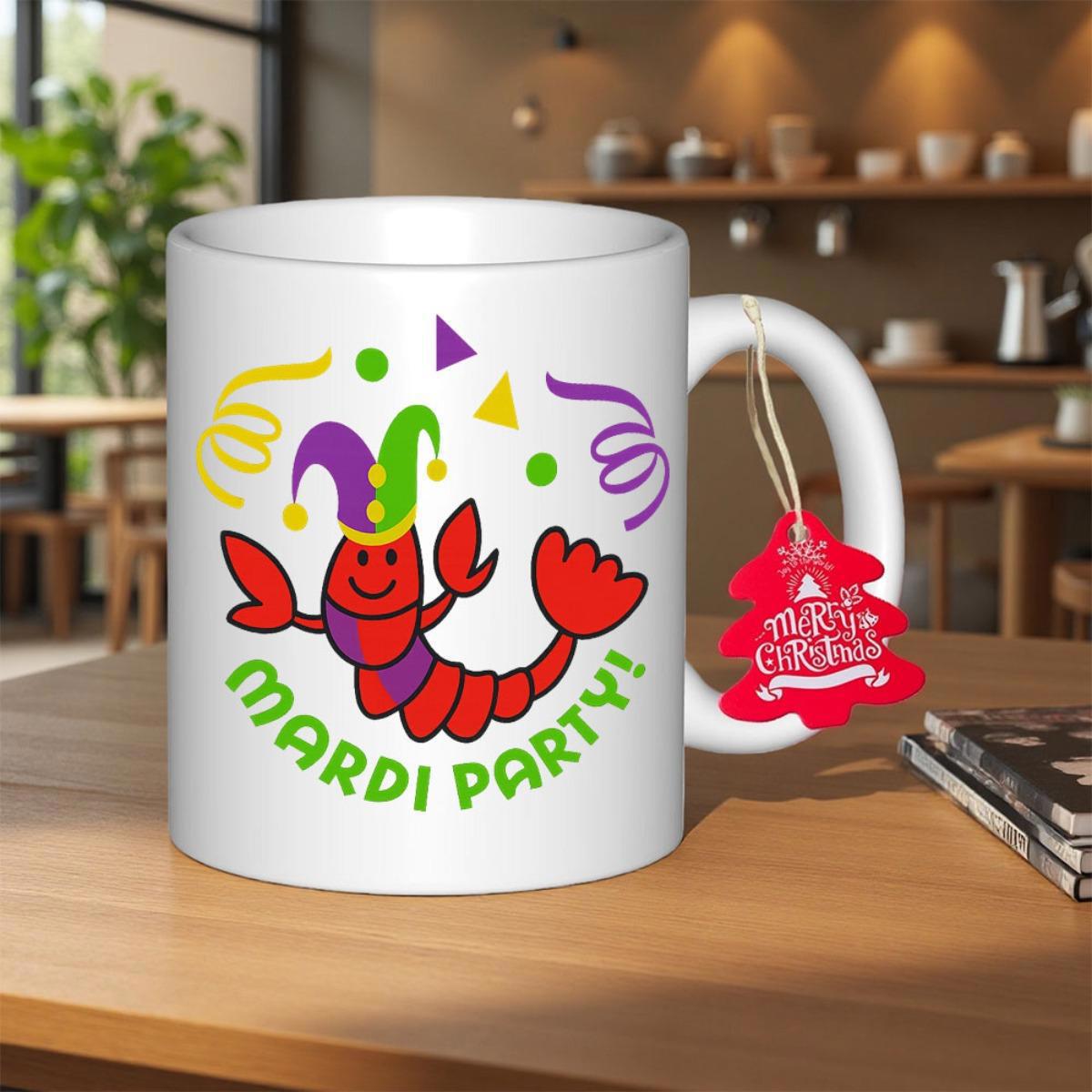 Tailorly White Ceramic 11 oz Mug - Mardi Party Vibrant Festive Cartoon Character Wearing Colorful Jester Hat Among Confetti Lobster