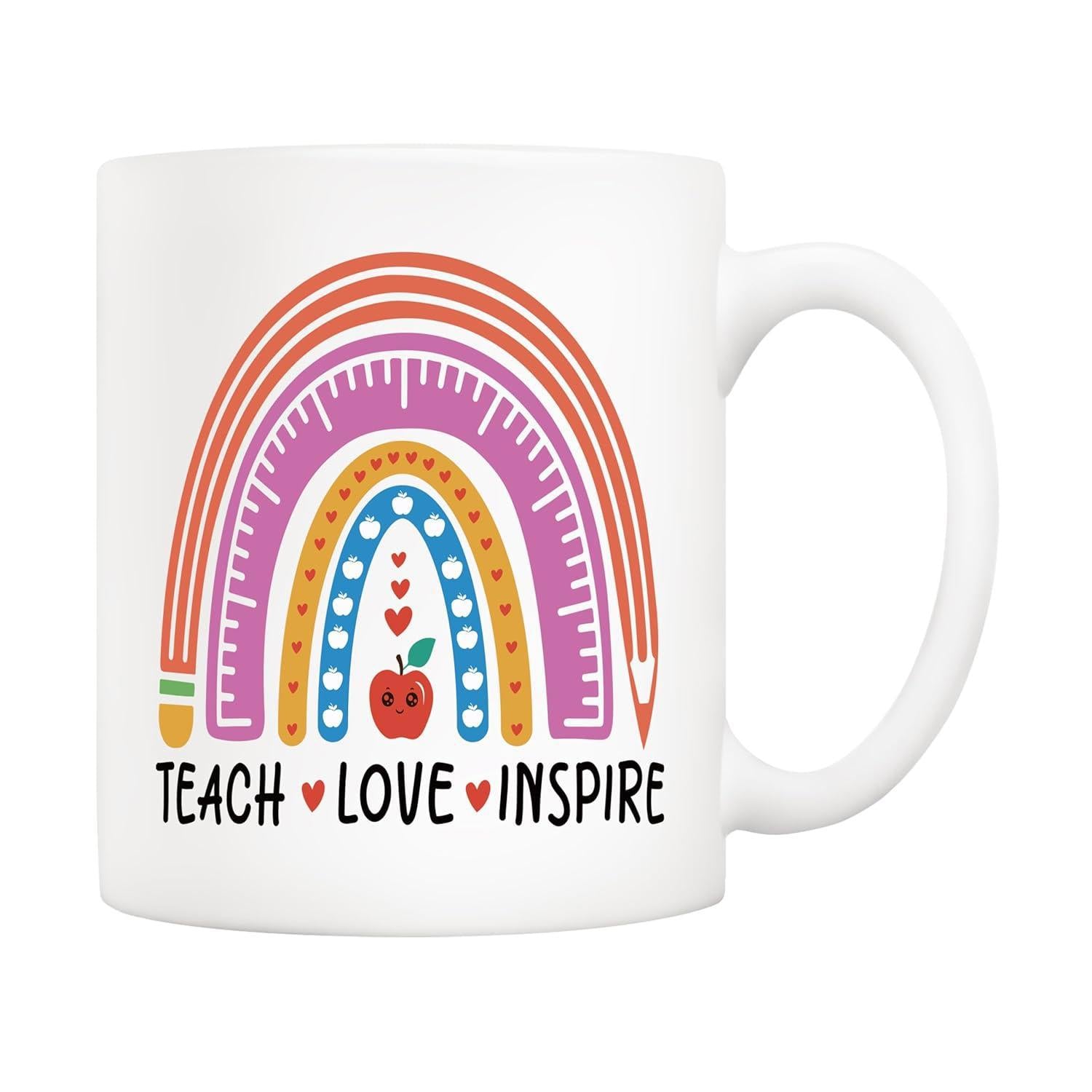 Tailorly White Ceramic 11 oz Mug - Teach Love Inspire Colorful Pencil And Ruler Arches Above A Tiny Red Heart Apple Rainbow