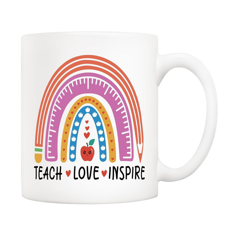 Tailorly White Ceramic 11 oz Mug - Teach Love Inspire Colorful Pencil And Ruler Arches Above A Tiny Red Heart Apple Rainbow