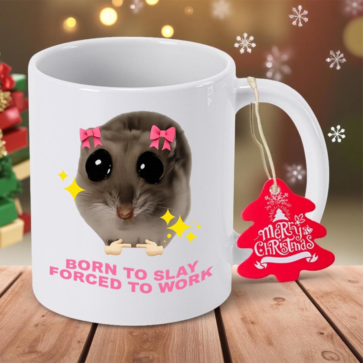 Tailorly White Ceramic 11 oz Mug - Born To Slay Forced To Work Adorable Fluffy Hamster With Pink Bows And Glimmering Golden Sparkles Hamster
