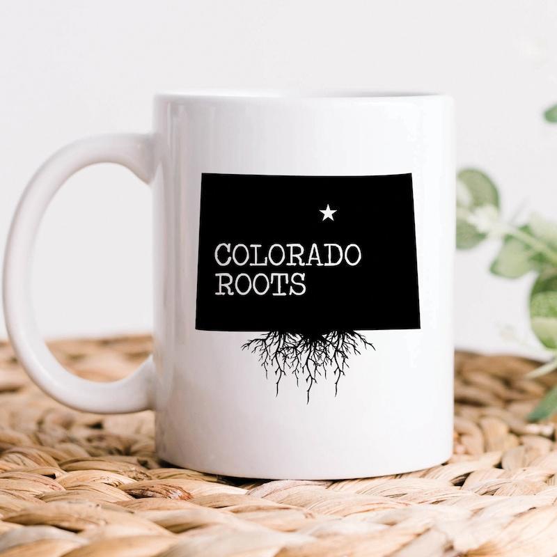 Tailorly White Ceramic 11 oz Mug - Colorado Roots Silhouette State Map Featuring Natural Tree Style Roots Graphic Colorado