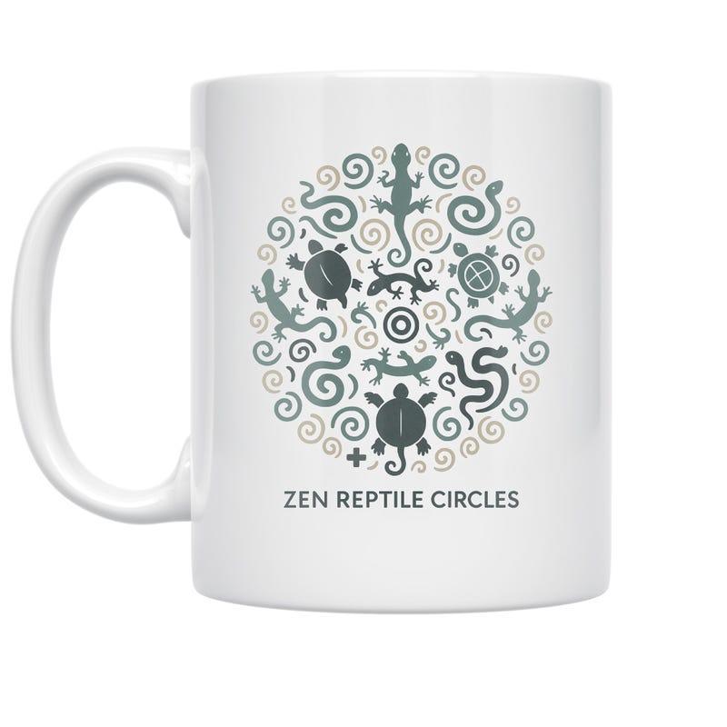 Tailorly White Ceramic 11 oz Mug - Zen Reptile Circles Spiritual Minimalist Snakes And Lizards In A Symmetrical Pattern Reptiles