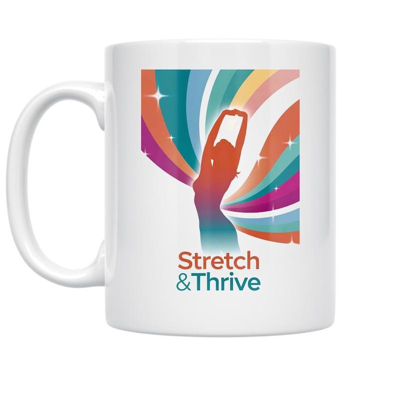 Tailorly White Ceramic 11 oz Mug - Stretch Thrive Vibrant Colorful Radiating Waves Behind A Silhouette Practicing Yoga Mindfulness Woman