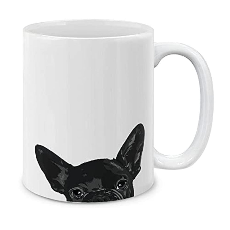Tailorly White Ceramic 11 oz Mug - Minimalist Peeking Black French Bulldog Head With Large Pointy Ears Alert Dog