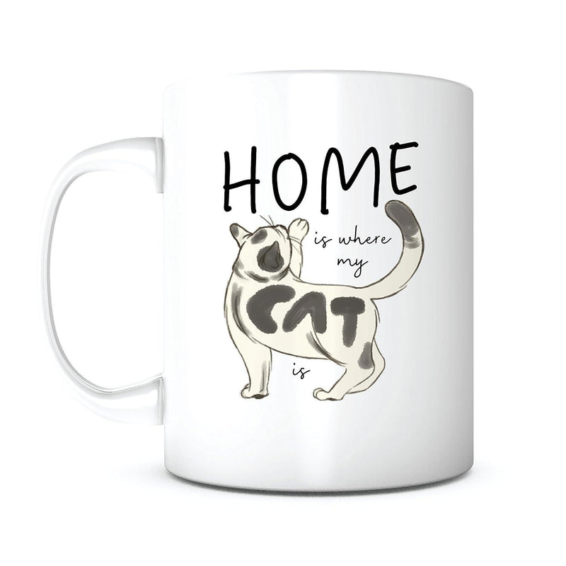 Tailorly White Ceramic 11 oz Mug - Home Is Where My Cat Is Minimalist Hand Drawn Spotted Feline With Unique Artistic Body Pattern Cat