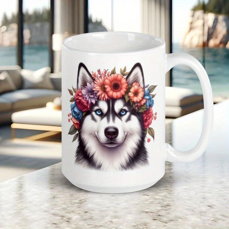 Tailorly White Ceramic 11 oz Mug - Majestic Dog Wearing Vibrant Floral Crown With Colorful Blossoms And Leaves Husky