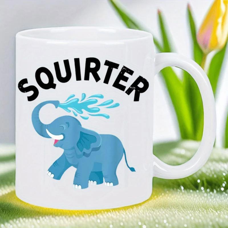Tailorly White Ceramic 11 oz Mug - Squirter Playful Little Blue Animal Spraying Fresh Cool Water Elephant