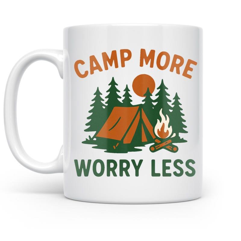 Tailorly White Ceramic 11 oz Mug - Camp More Worry Less Outdoor Forest Pine Trees With Sun And Warm Fire Tent