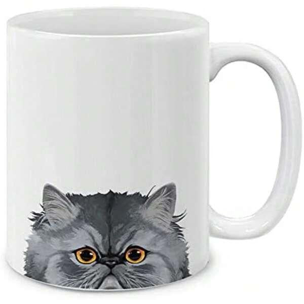 Tailorly White Ceramic 11 oz Mug - Fluffy Grey Peering Persian Feline Featuring Intense Golden Eyes Realistic Cat