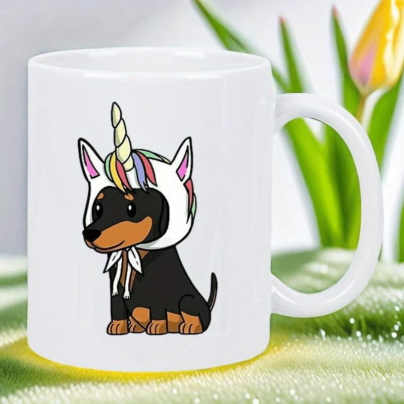 Tailorly White Ceramic 11 oz Mug - Cute Cartoon Puppy Wearing A White Unicorn Costume With Rainbow Mane Dog