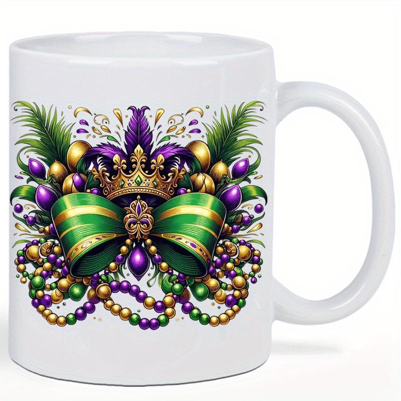 Tailorly White Ceramic 11 oz Mug - Ornate Golden Mardi Gras Celebration With Green Bow And Purple Beads Crown