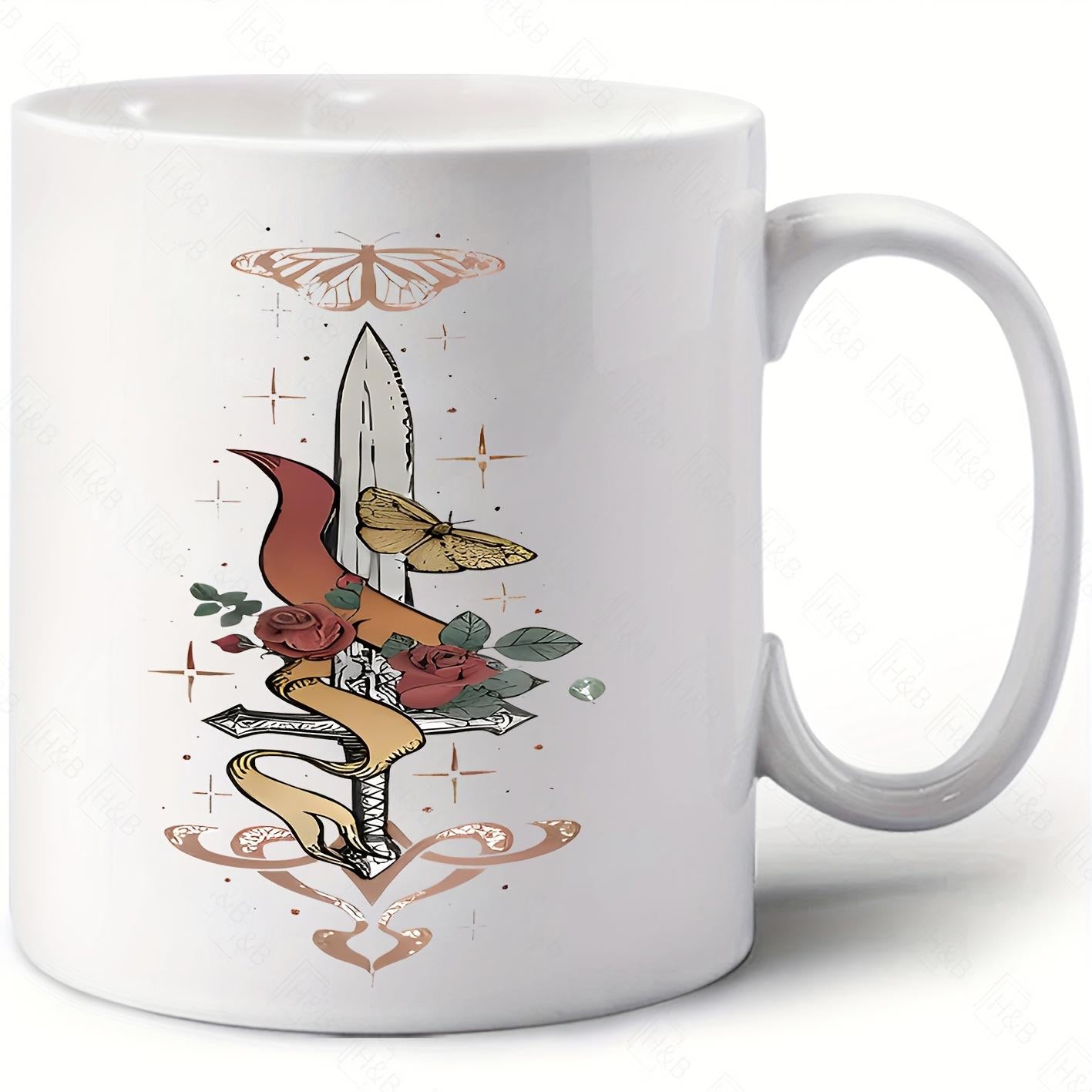 Tailorly White Ceramic 11 oz Mug - Elegant Banner Wrapped Blade Among Blooming Roses And Ethereal Fluttering Moths Sword