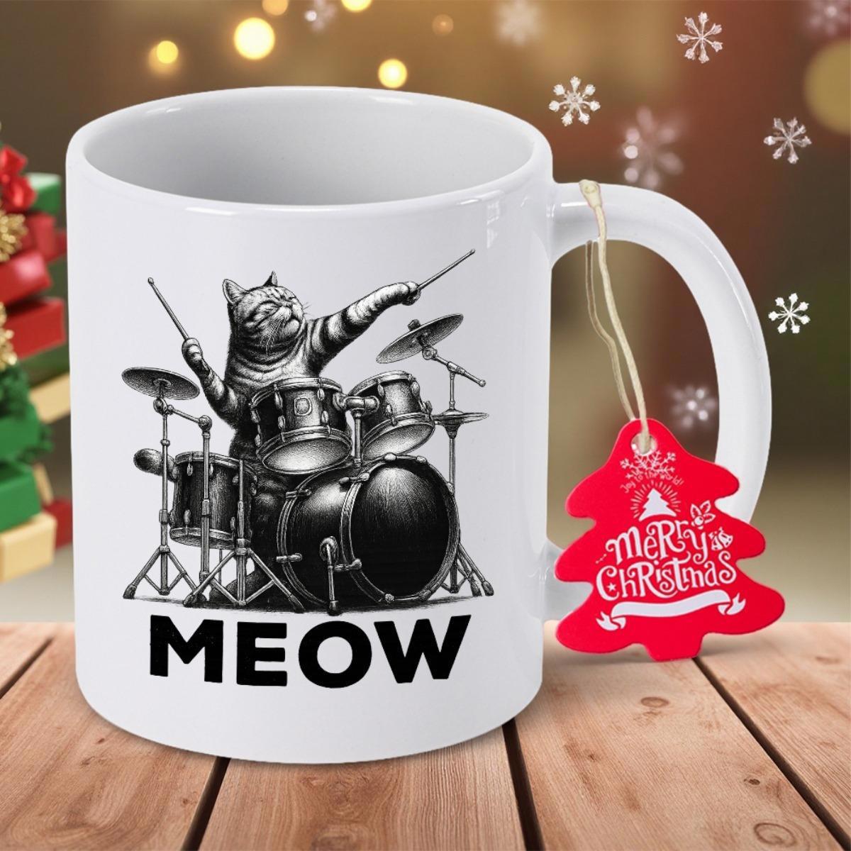 Tailorly White Ceramic 11 oz Mug - Meow Energetic Feline Musician Performing With Professional Percussion Equipment Drummer Cat