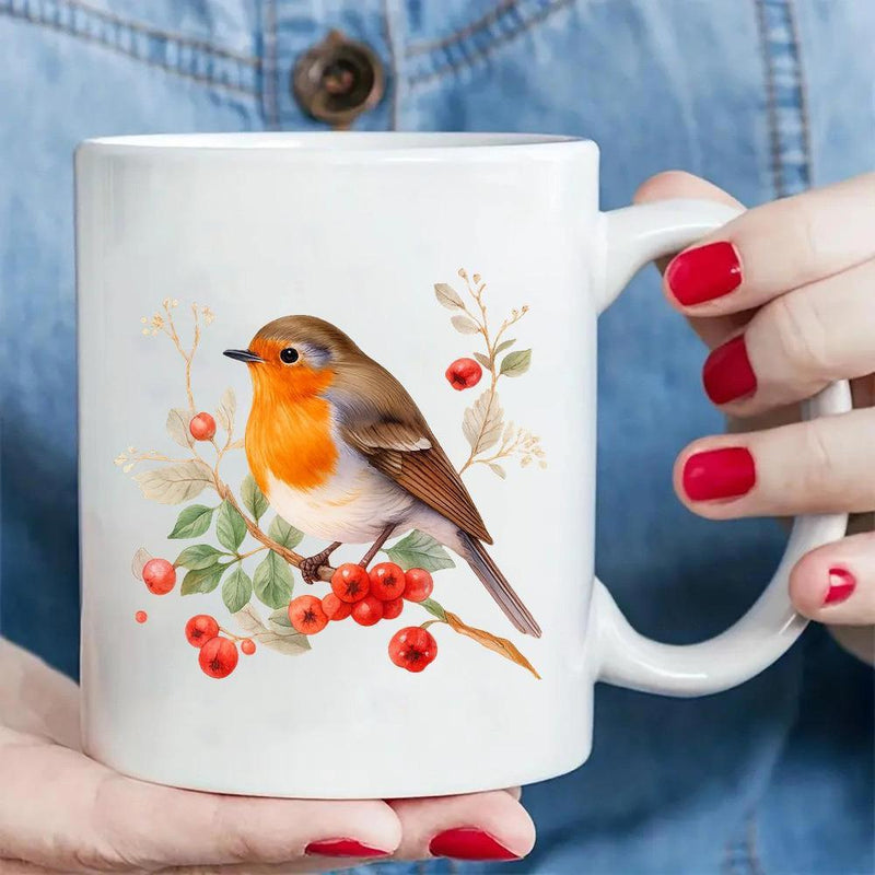 Tailorly White Ceramic 11 oz Mug - Realistic Colorful Robin Perched On Winter Branches With Vibrant Red Berries Robin