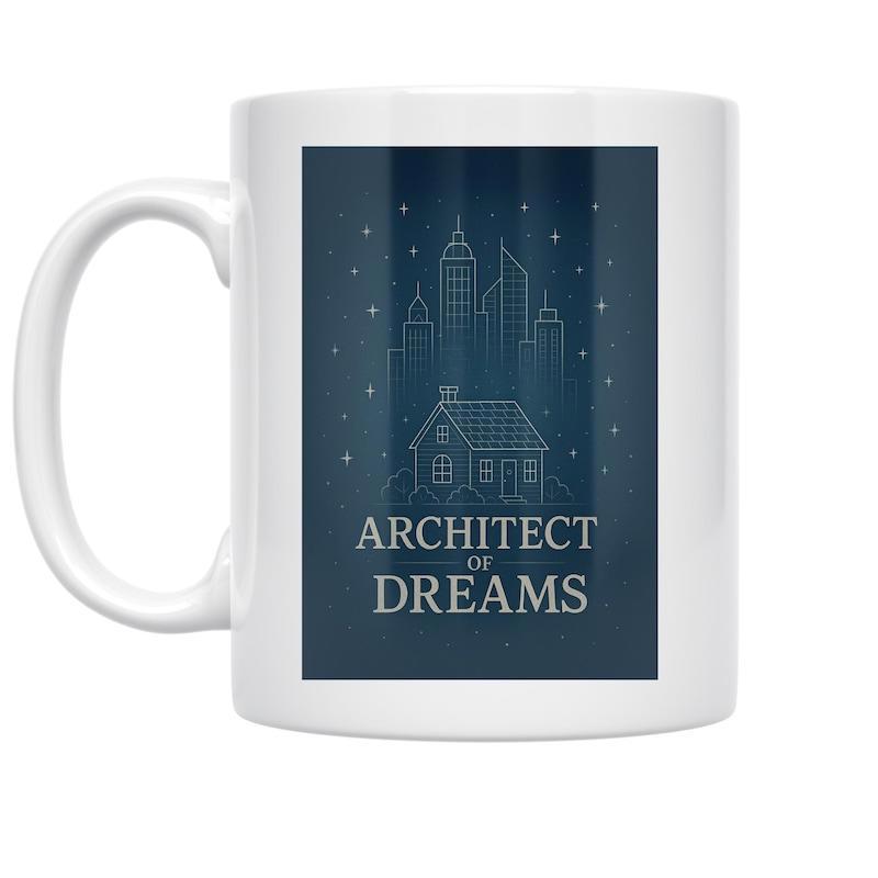 Tailorly White Ceramic 11 oz Mug - Architect Of Dreams Detailed Line Art City Skyline Above A Simple Small Starry Night Cottage