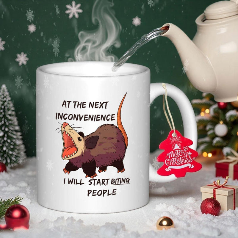 Tailorly White Ceramic 11 oz Mug - At The Next Inconvenience I Will Start Biting People Funny Screaming Animal With Mouth Open Showing Character And Teeth Opossum
