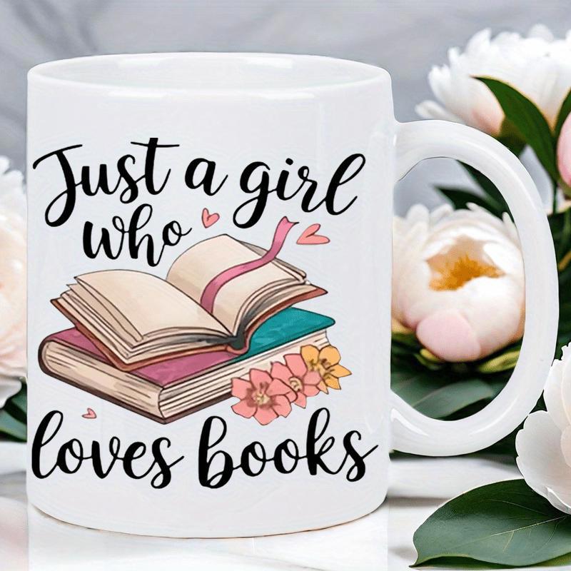 Tailorly White Ceramic 11 oz Mug - Just A Girl Who Loves Books Delicate Open Pages Among Blooming Floral Petals And Hearts Book