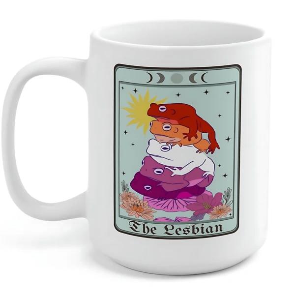 Tailorly White Ceramic 11 oz Mug - The Lesbian Stacked Colorful Frogs Among Sun And Flowers In Tarot Card Style Frog