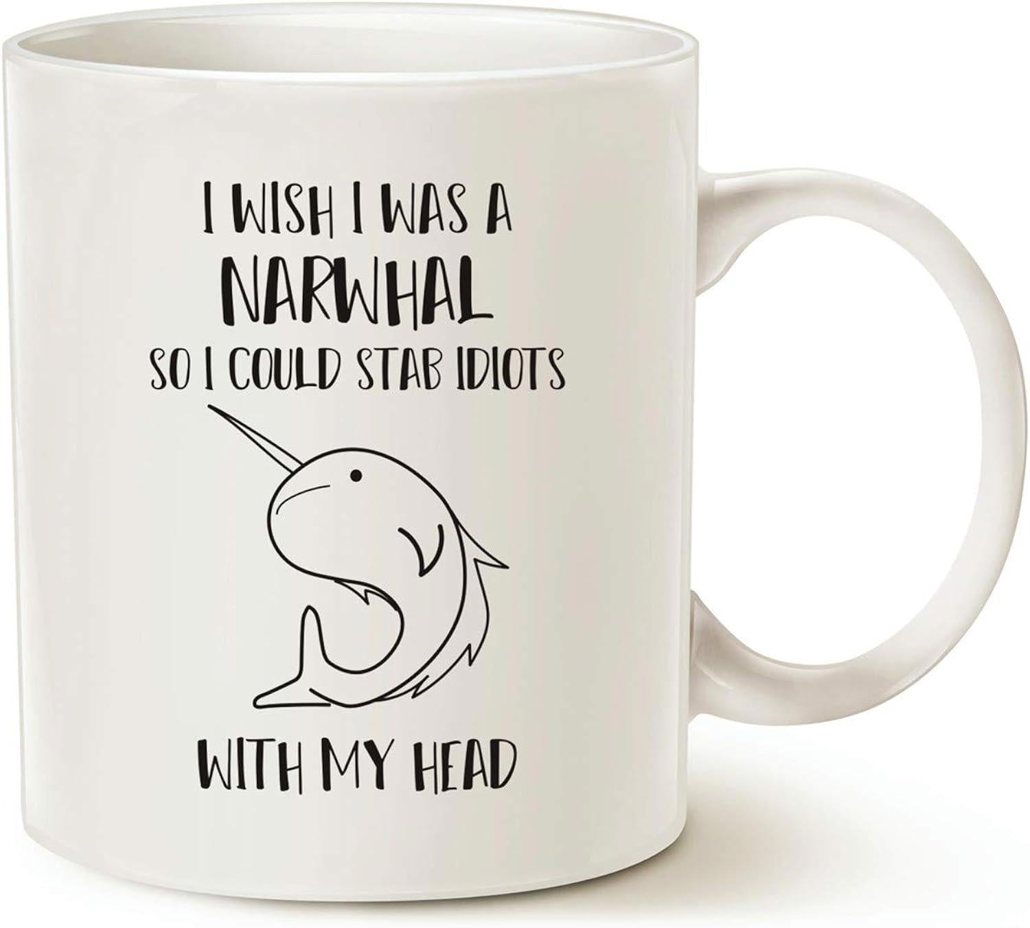 Tailorly White Ceramic 11 oz Mug - I Wish I Was A Narwhal So I Could Stab Idiots With My Head Minimalist Black Line Art Of A Happy Swimming Narwhal