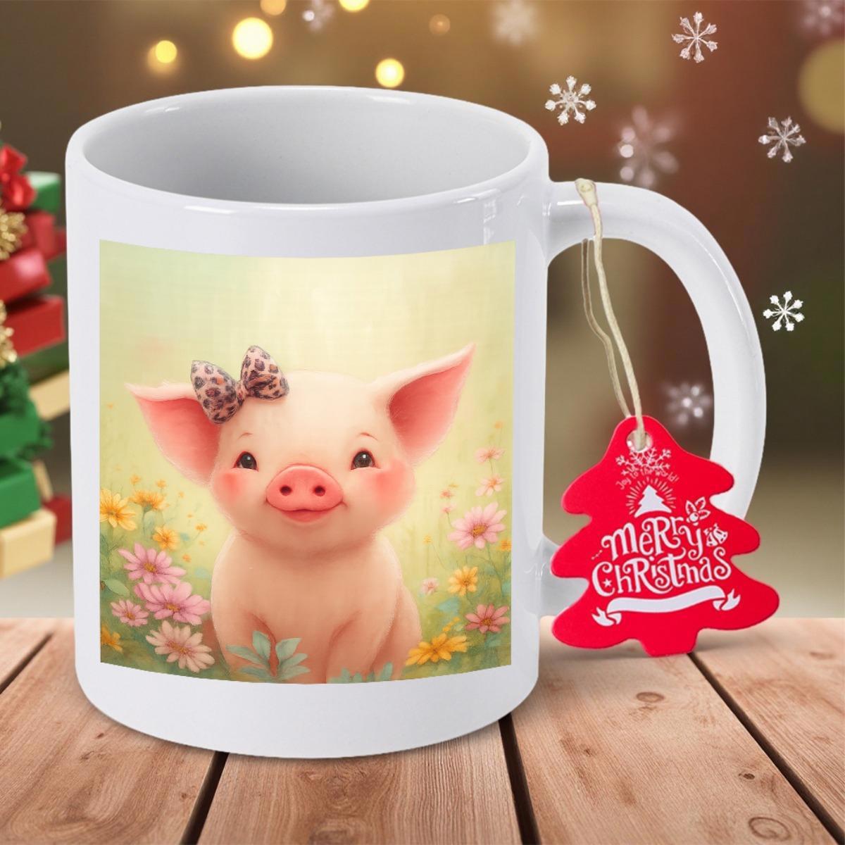 Tailorly White Ceramic 11 oz Mug - Merry Christmas Adorable Pink Piglet Wearing Bow Sitting Among Vibrant Garden Flowers Pig