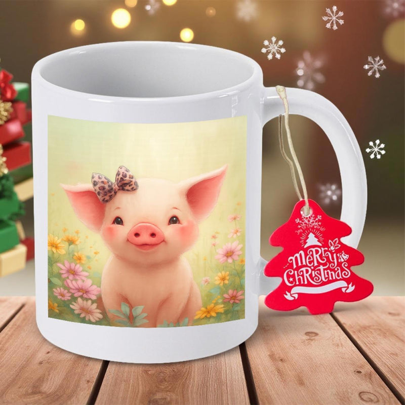 Tailorly White Ceramic 11 oz Mug - Merry Christmas Adorable Pink Piglet Wearing Bow Sitting Among Vibrant Garden Flowers Pig