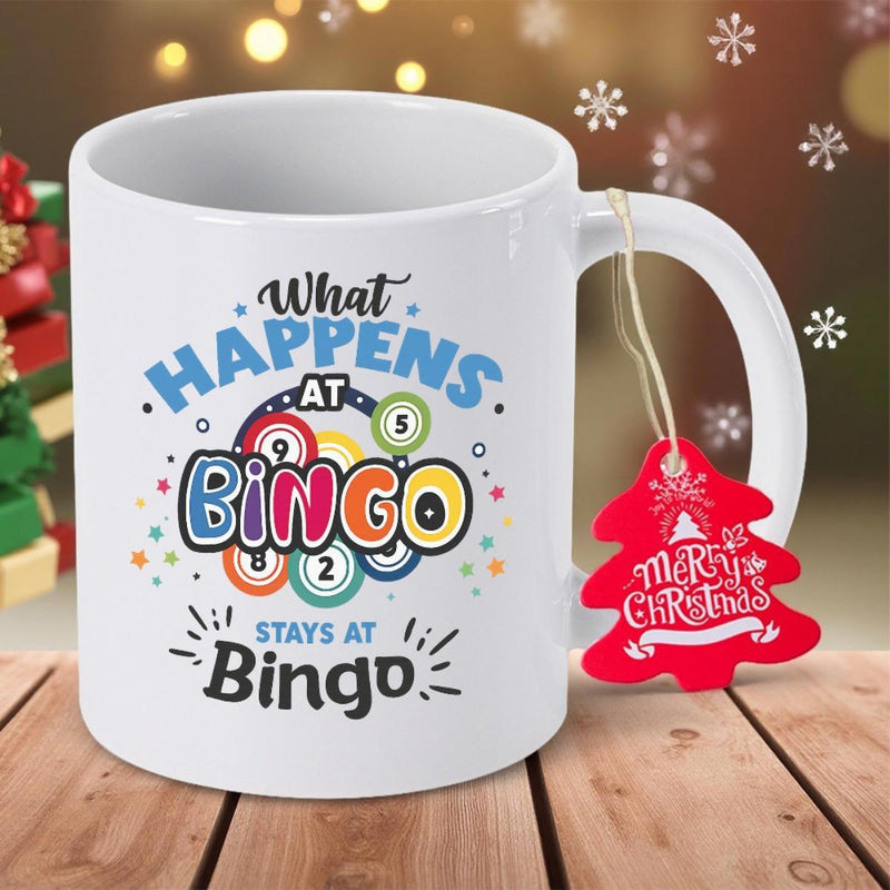 Tailorly White Ceramic 11 oz Mug - What Happens At Bingo Stays At Bingo Colorful Numbered Balls Surrounded By Playful Dots And Decorative Script Bingo