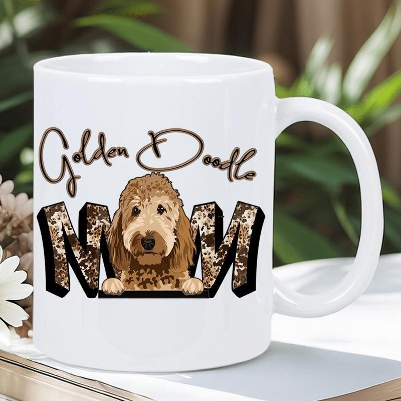 Tailorly White Ceramic 11 oz Mug - Golden Doodle Mom Fluffy Brown Dog Peeking Behind Patterned Floral Texture Large Lettering Dog