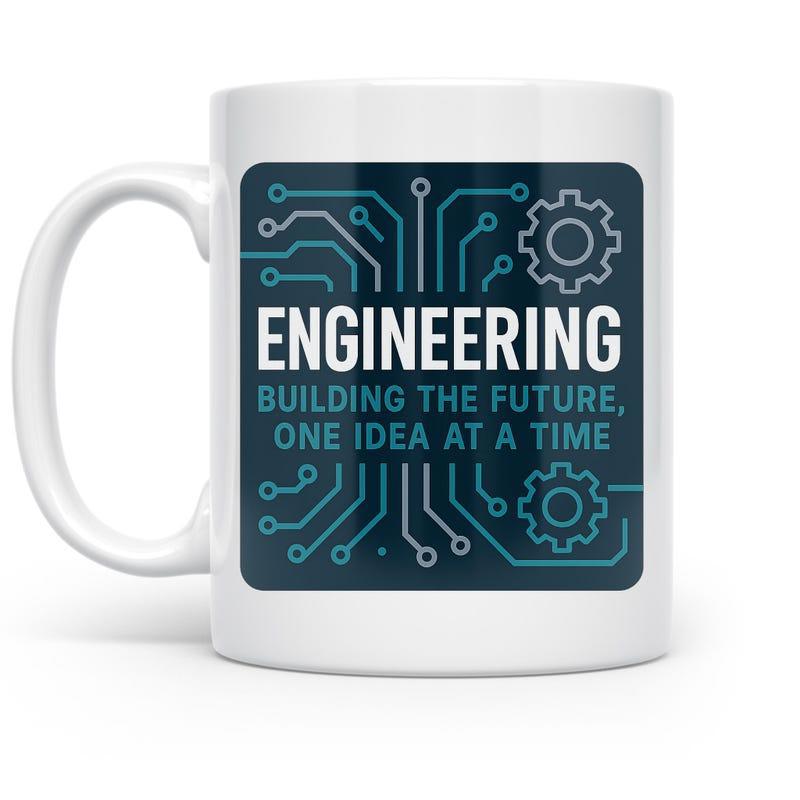 Tailorly White Ceramic 11 oz Mug - Engineering Building The Future One Idea At A Time Intricate Circuit Board Traces With Mechanical Industrial Gear Icons Mug