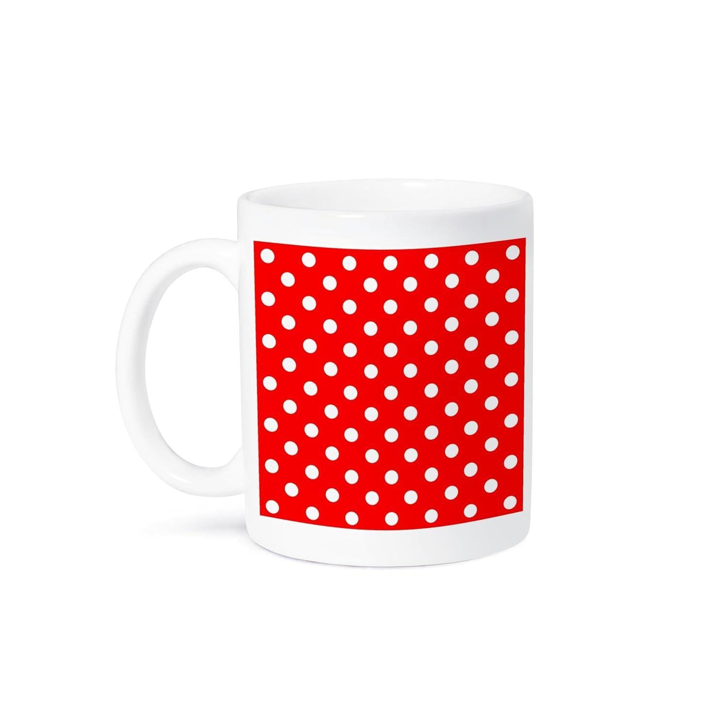 Tailorly White Ceramic 11 oz Mug - Vibrant Red Background With Symmetrical Repeating Small Circular White Polka Dot Pattern