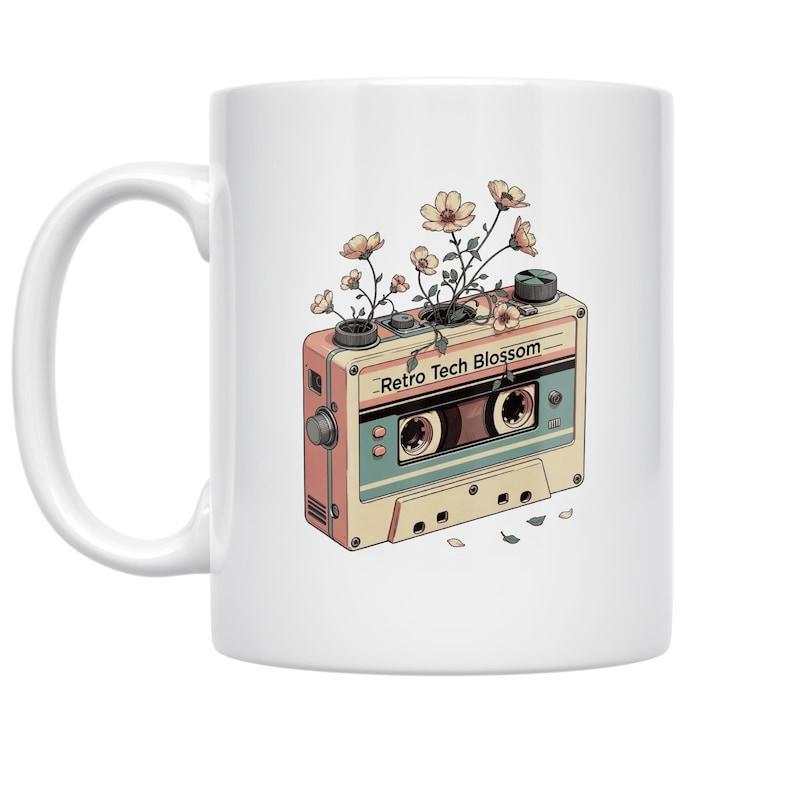 Tailorly White Ceramic 11 oz Mug - Retro Tech Blossom Vintage Style Audio Tape With Delicate Wildflowers Growing From Reels Cassette