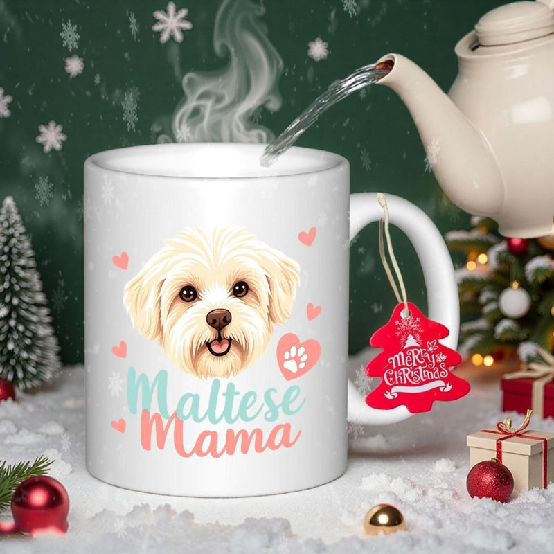 Tailorly White Ceramic 11 oz Mug - Maltese Mama Fluffy White Maltese Head Surrounded By Soft Pink Hearts And Paw Print Dog