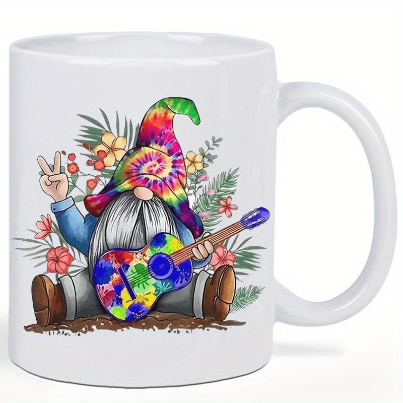 Tailorly White Ceramic 11 oz Mug - Tie Dye Hat Playing Colorful Guitar Among Tropical Flowers And Leaves Gnome