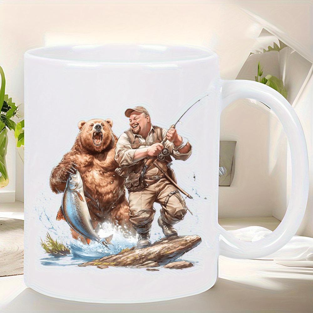 Tailorly White Ceramic 11 oz Mug - Humorous Outdoor Scene With Grizzly Bear Catching Fish Beside A Happy Skilled Fisherman