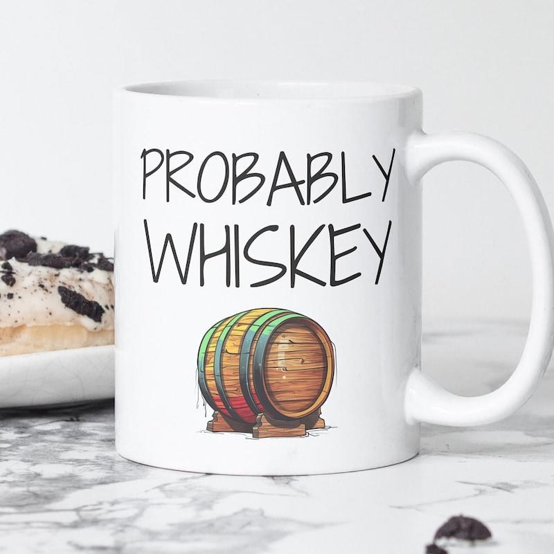 Tailorly White Ceramic 11 oz Mug - Probably Whiskey Vintage Style Wooden Cask With Vibrant Rainbow Accents Resting Sturdy Barrel