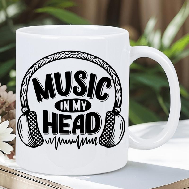 Tailorly White Ceramic 11 oz Mug - Music In My Head Stylish Headphone Outlines Featuring Intricate Patterns And Electric Soundwave Rhythm Headphones