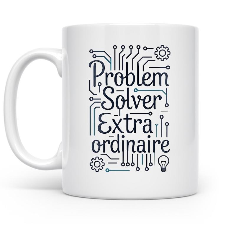 Tailorly White Ceramic 11 oz Mug - Problem Solver Extraordinaire Intricate Tech Circuitry Lines Featuring Gears And Electric Lightbulb Mug