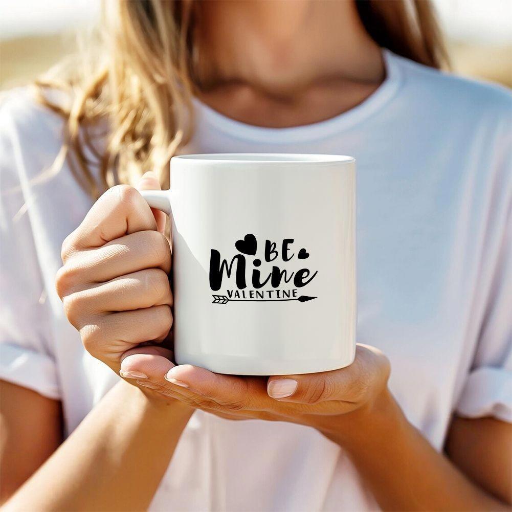 Tailorly White Ceramic 11 oz Mug - Be Mine Valentine Handcrafted Script Lettering Arranged With Romantic Hearts And Minimalist Piercing Arrow Heart